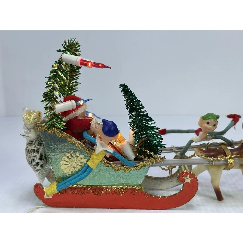 Vintage Christmas Santa Clause Pixie Elves Reindeers Sleigh Electric 1960s
